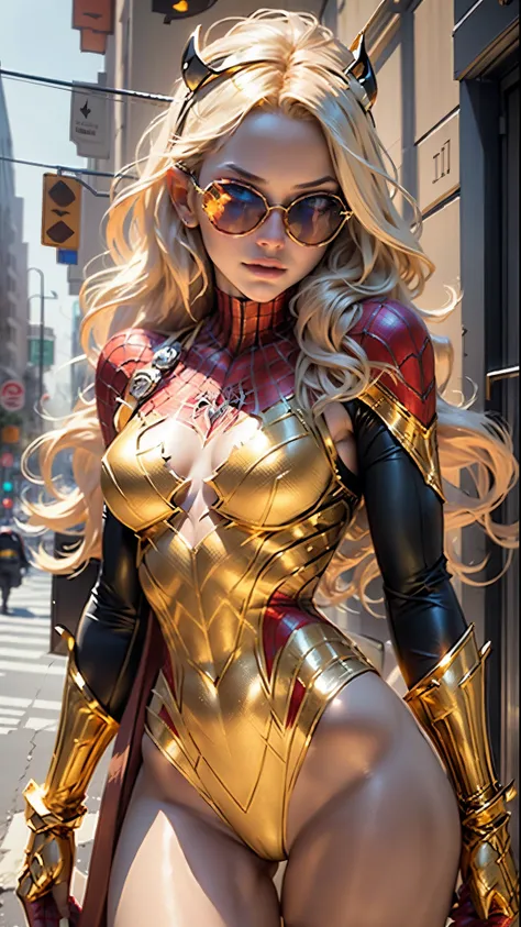 Beautiful blonde woman detailed defined body using gold spider man cosplay, tiny breasts, gold sunglasses