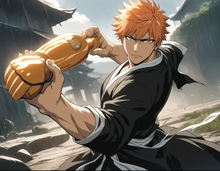 1boy, male focus, solo, (kurosaki ichigo), bleach, orange very short hair, wear blackimono, open mouth, gourmetspicer,
sky, hold...