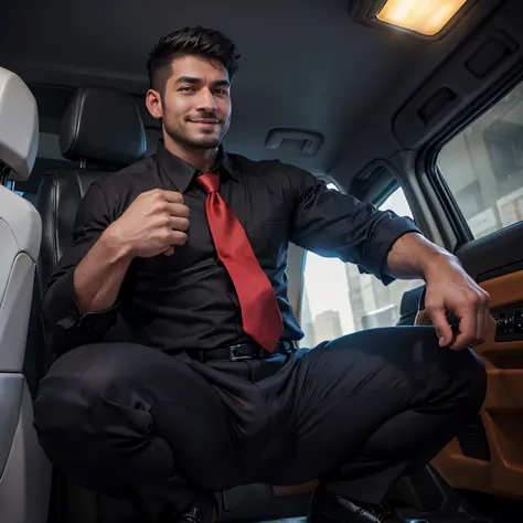 30 years old,One Man,、Handsome。Black Shirt、Red tie、Black trousers、、Dhaka - Fighters、Inside the car,,logic, ,Very short hair、Stubble、　,Asian Face,、　Handsome　Seen from below　squat　smile
