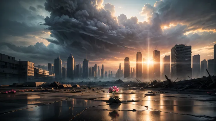 a dystopian destroyed city background, a single flower breaks through the hard concrete floor and sees the light of day, masterp...