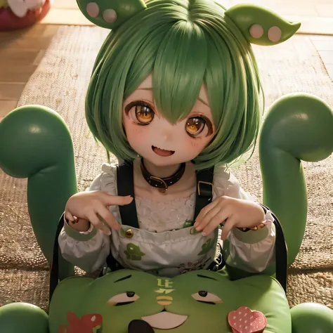 cheeky green haired zundamon(((((in the form of a child)))))eat sweets、smile