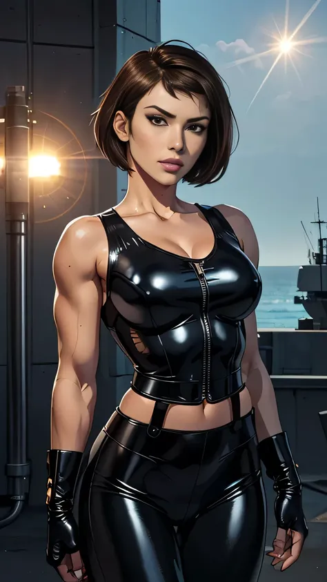 photo of mlp Meowko, RAW, beautiful woman, ((portrait)), ((detailed face:1.2)), ((anime face, anime facial feature, clear skin, glossy anime lips, clear skin), (short lesbian haircut, brunette: 1.55), (perfect proportioned body, Strong, muscular, narrow wa...