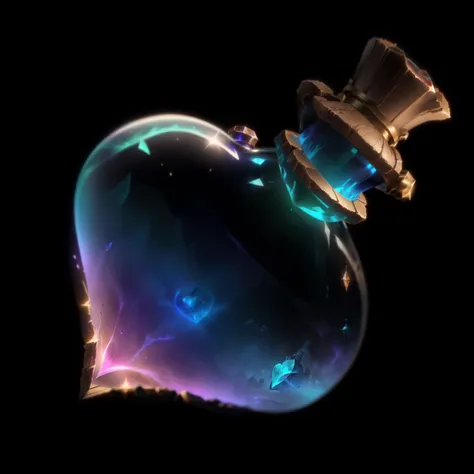 A close-up of a heart，Colored potion bottles, Glass Bottle，Reflective，Mana Potion，,Wooden stopper,  high resolution, high resolution, League of Legends Inventory Items，Diablo concept art