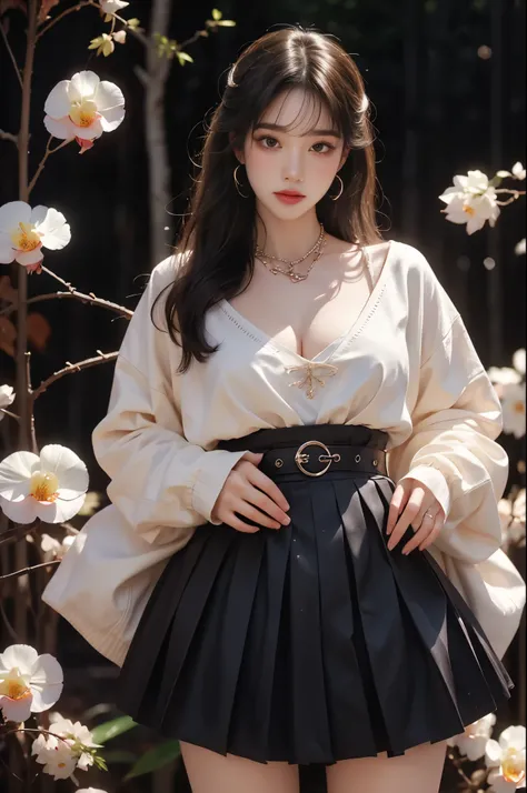 egirl_outfit
egirl_face(quality improvement:1.4),1girl, Full breasts,Visible cleavage,Sexy long legs,The skirt is short,She gently lifted her skirt with one hand,Surrounded by white Phalaenopsis orchids,Lilac dendrobium、White Lily, Flying petals,(Top quali...