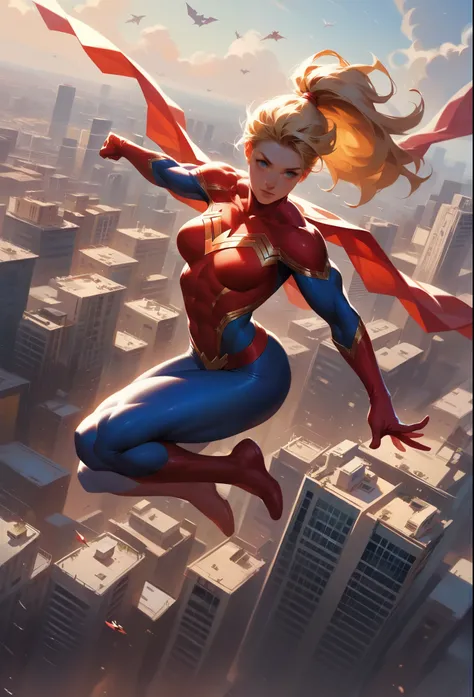 female, ((muscular)), ((medium breasts)), ((superhero)), ((flying in city)), ((no bangs)), ((high ponytail)), (blonde)