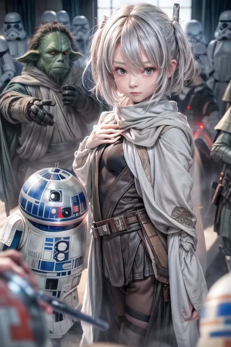 Star Wars、8k.Half Russian and half Japanese、Russian face、beautiful girl、PRİNCESS、、Small face、Young face、Big eyes、Skinny、Small breasts、（（（Silver Hair、Silver Hair）））、With bangs、（（（High resolutionの大きな美しいライトブルーの目, ）））、Shortcuts、Bobcut、、sf,Fantasy、Fight, Jedi v...