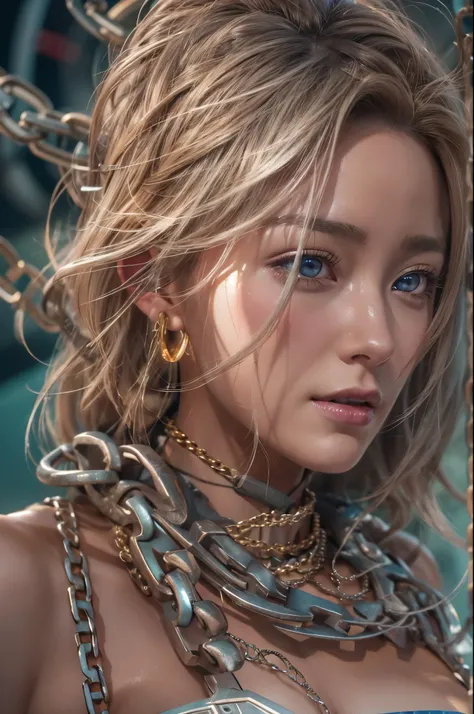 close-up of a woman in a bikini with chains around her waist, concept art by jason chan, art station, fantasy art, enchanting an...