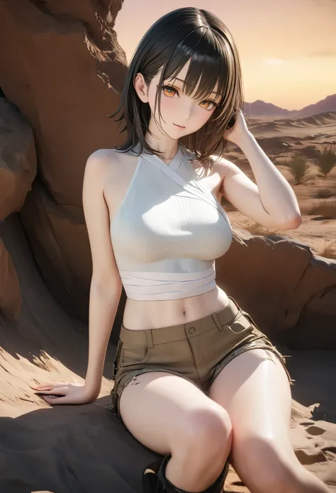 DIY16，best quality, 超HD, masterpieces, 8K, Practical, Anime style, 3D Rendering，masterpiece,need,lifelike，Bare lower abdomen，Sexy，bandage，Layering，Hollow，Full body image，Feral，Khaki washed distressed shorts，Black hair，Open shoulders，Layering，Long legs，，Was...