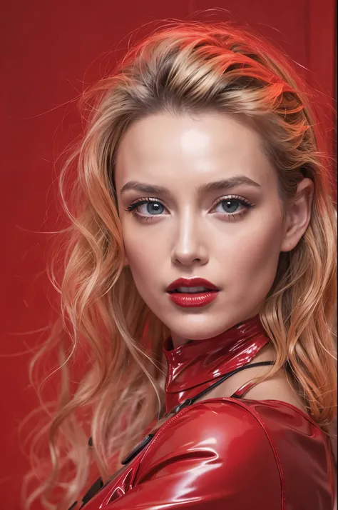 close-up of a woman in a red shirt and black skirt, wearing latex, latex outfits, latex shiny, latex dress, leather, red elegant...