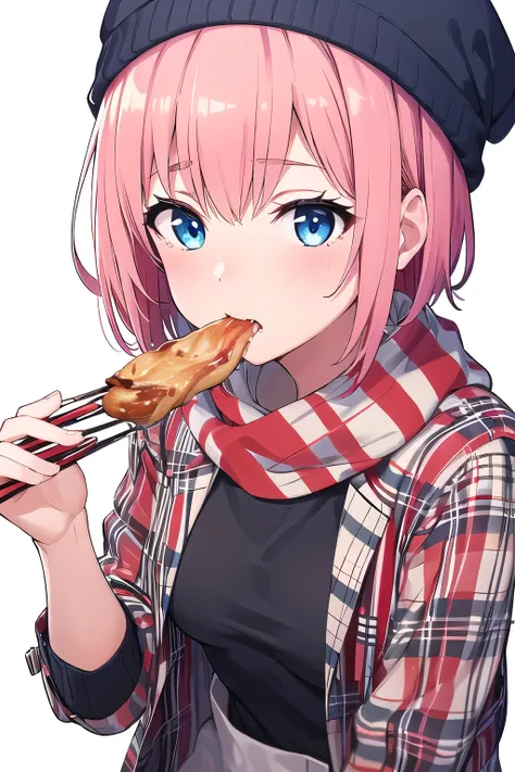 girl,boyish, very short hair, pink Hair, medium Breasts, winter clothing ,Cowboy Shot,blush,sexy face,Blue eyes,clearly,Striped pattern, (white background:1.3), Trying to eat grilled meat with chopsticks