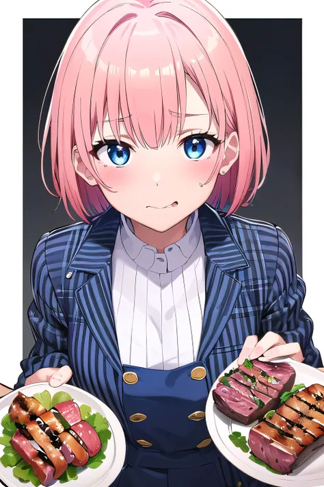 girl,boyish, very short hair, pink Hair, medium Breasts, winter clothing ,Cowboy Shot,blush,sexy face,Blue eyes,clearly,Striped pattern, (white background:1.3), (Grilled meatを箸で食べようとしている:1.2), (Grilled meat:1.2)