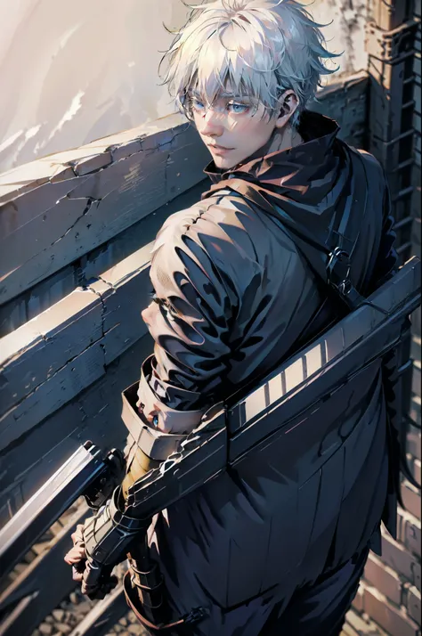 (absurdities, High Resolutions, ultra detailed, HdR), masterpiece, NSFW, The best quality, Jujutsu Kaisen, gojo Satoru, 1 man only in combat, handsome, short hair, White hair, vibrant blue eyes, fine eyes and detailed face, (((fire, llamas, To his back)) a...