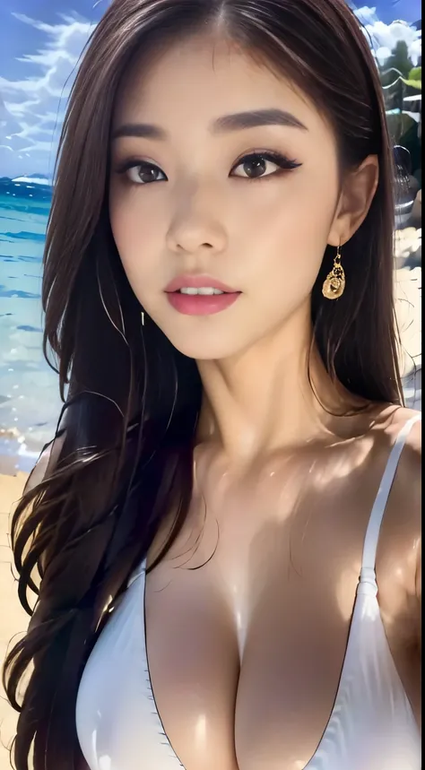 ((Highest quality, 8k, masterpiece :1.3)), One Girl,Looking into the camera,,Red lipstick,Big Breasts:1.3,White micro bikini swimsuit,Highly detailed face, fine grain, double eyelid,  Blur the background, outside, street, sunny, Ocean, nature,Hawaiian sand...