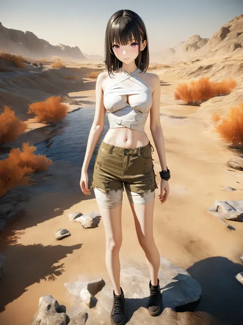 DIY16，best quality, 超HD, masterpieces, 8K, Practical, Anime style, 3D Rendering，masterpiece,need,lifelike，Bare lower abdomen，Sexy，bandage，Layering，Hollow，Full body image，Feral，Khaki washed distressed shorts，Black hair，Open shoulders，Layering，Long legs，，Was...