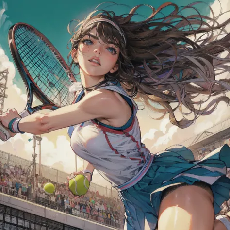  masterpiece, (textured skin), best quality, gorgeous beautiful girl, (a female tennis athlete), detailed clothes,large breasts,narrow waist,, (beautiful face), cinematic lighting, (at tennis venue ),