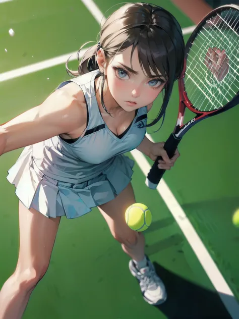  masterpiece, (textured skin), best quality, gorgeous beautiful girl, (a female tennis athlete), detailed clothes,large breasts,narrow waist,, (beautiful face), cinematic lighting, (at tennis venue ),