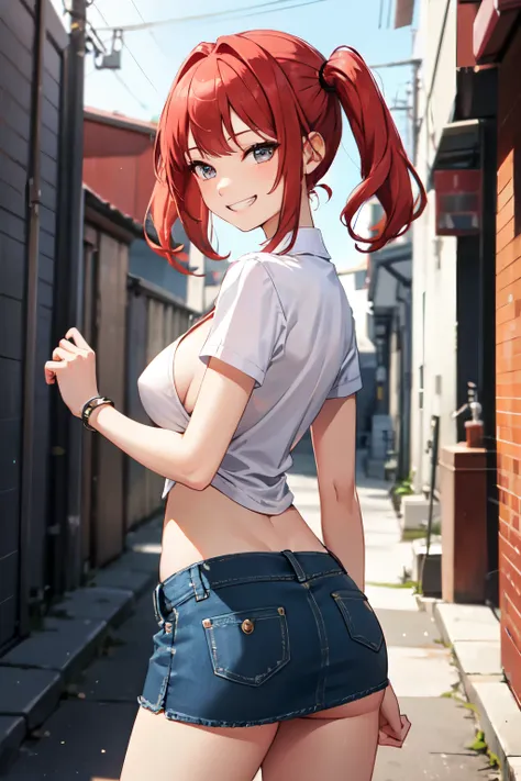 (8k、Highest quality、Highest quality、masterpiece)、Detailed face、One Girl、 Red hair、short hair、Twin tails、Blunt bangs、Grey Eyes、Wicked Smile、((Grin))、((Denim mini skirt))、Cowboy Shot、((I had already finished))、Back Alley Background、Very large breasts、No pant...