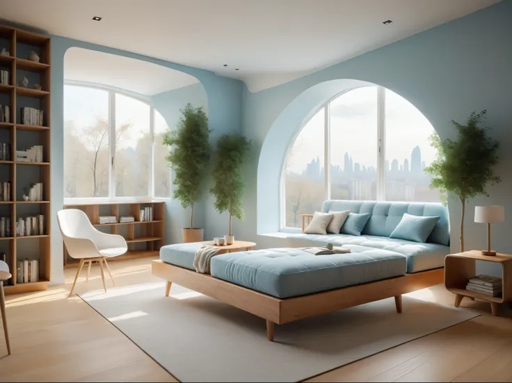 The warm Nordic style room is dominated by light blue, White, And light color. Chinese style wooden curved bookshelf，Dotted with greenery, Nordic brown sofa, Coffee Table, Ultra-high-definition image quality under natural light. The fresh and bright huge f...