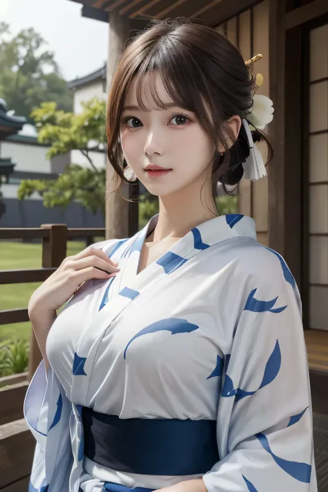 One Girl, 1 person,Highest quality,High resolution,超High resolution,8k,Realistic,Upper Body,encounter_audience,Large Breasts, the body is slim,(Yukata:1.2),