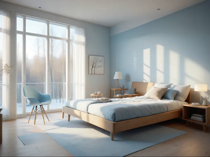 the warm nordic style room is dominated by light blue, white, and light color.  floor，chair，floor-to-ceiling windows，ultra-high-...