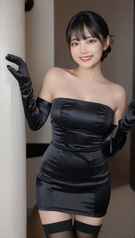 (masterpiece,Highest quality,Ultra-high resolution),Japanese women,Smiling, (Very beautiful face, Beautiful Lips, Beautiful Eyes,Dark Eyes),(((A very beautiful 2 woman))),Big Breasts、Breast bag、Cleavage through the dress、((Black satin tube top mini dress))...