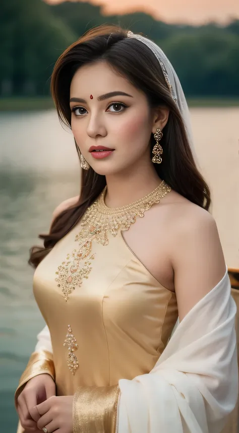 A photo of a young woman with long dark hair and piercing eyes standing by a lake. She is wearing a traditional Indian outfit, a stunning pink and gold ensemble with intricate embellishments. A delicate veil, adorned with shimmering beads, drapes gracefull...