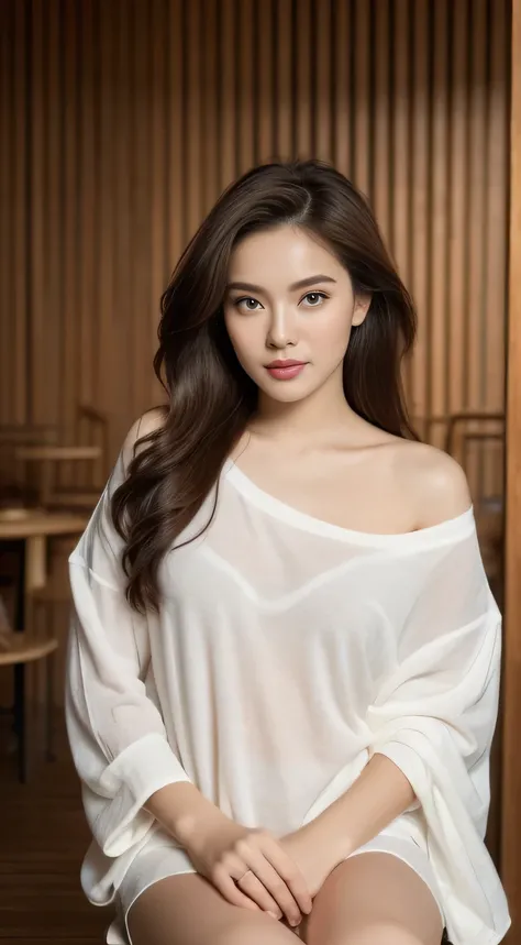 A photo of a woman with dark brown hair and warm-toned skin. She is seated on a wooden stool and is wearing an oversized white shirt, which is undone and slips off one shoulder. The shirt is loosely worn and adds a relaxed, sensual vibe to the scene. She h...