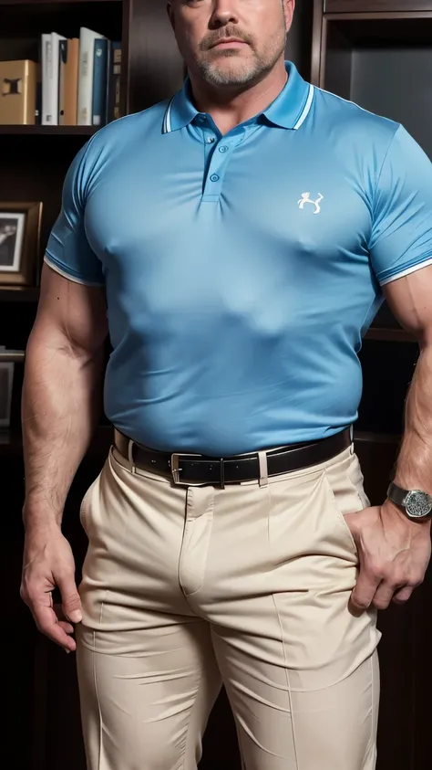 (best quality,4k,8k,highres,masterpiece:1. 60, white man detective , horny disgusting, muscular chubby, kind, open blue polo shirt , mature daddy,black Dress Pants with big hard bulge, hairy chest hard nipple, belt, loafer,