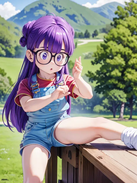 masterpiece, highest quality, Very detailed, 16k, Ultra-high resolution, Cowboy Shot, Detailed face, Perfect Fingers, One girl, Garden of the mansion, arale, glasses, blue eyes, long hair, purple hair, short sleeves, red shirt, blue overalls