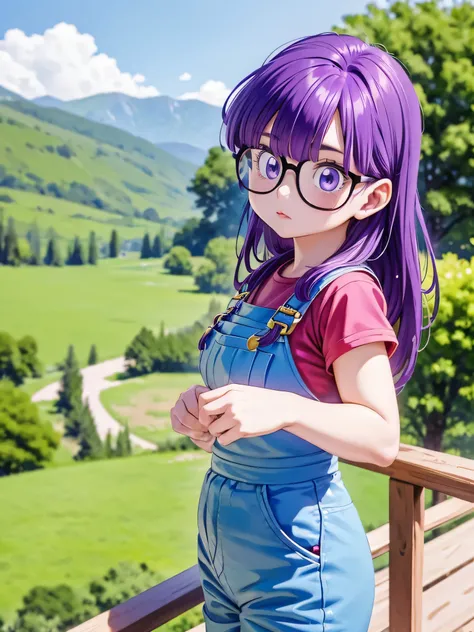 masterpiece, highest quality, Very detailed, 16k, Ultra-high resolution, Cowboy Shot, Detailed face, Perfect Fingers, One girl, Garden of the mansion, arale, glasses, blue eyes, long hair, purple hair, short sleeves, red shirt, blue overalls