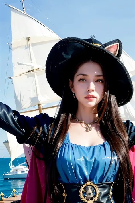 female cat furry, fantasy medieval pirate, saber in hand, bandana, pirate hat, a shot of a hat, boat, sail, sea and sky in the b...