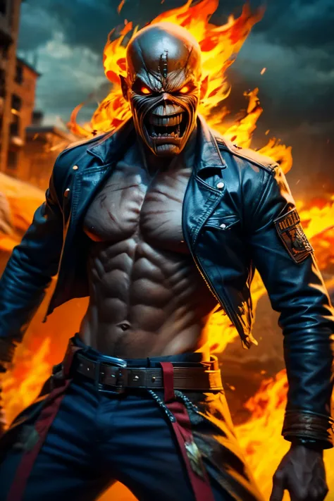 Eddie, the Iron Maiden mascot, black jacket, standing in a powerful stance. His eyes glowing with intensity, reflecting his dark, rebellious spirit. His face is skeletal yet detailed with realistic textures, showcasing his iconic menacing grin. The backgro...