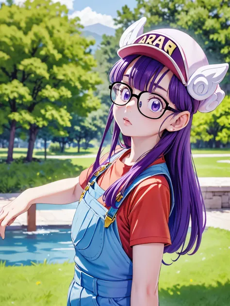 masterpiece, highest quality, Very detailed, 16k, Ultra-high resolution, Cowboy Shot, Detailed face, Perfect Fingers, One girl, Garden of the mansion, arale, glasses, blue eyes, long hair, purple hair, short sleeves, hat, cap, red shirt, blue overalls