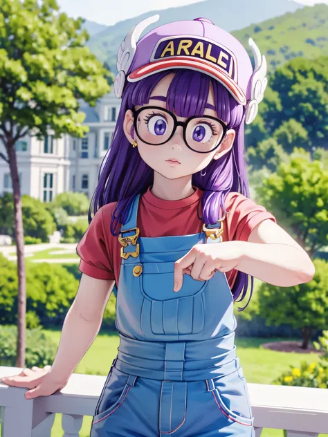 masterpiece, highest quality, Very detailed, 16k, Ultra-high resolution, Cowboy Shot, Detailed face, Perfect Fingers, One girl, Garden of the mansion, arale, glasses, blue eyes, long hair, purple hair, short sleeves, hat, cap, red shirt, blue overalls