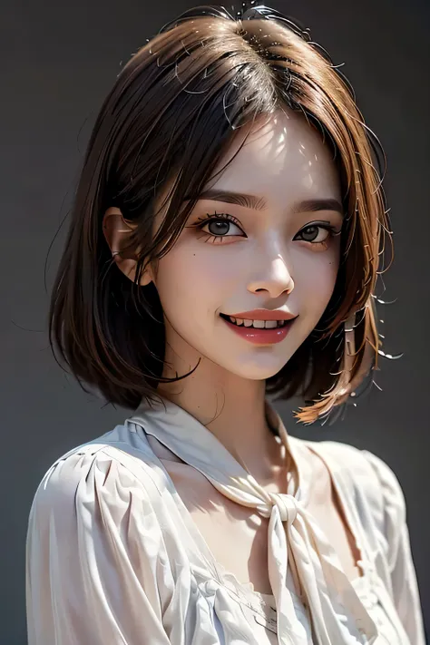 ((masterpiece)), ((Highest quality)), ((Complex)), ((Surreal)), (Realistic), (Mature Woman), ((No classes)), Very detailed, (1 female), Beautiful and exquisite, (Beautiful Teeth), Grin, Brunette bob hair, Brown eyes, ((blouse)), (Upper Body), ((background:...