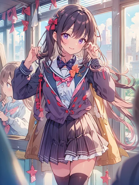 Highest quality、Highest quality、Ultra-detailed、(masterpiece:1.2),Very absurd、4K,8k,On the way to school、View this Schoolgirl、Sailor suit、school uniform、arm behind back、long hair、hairpin、naughty smile