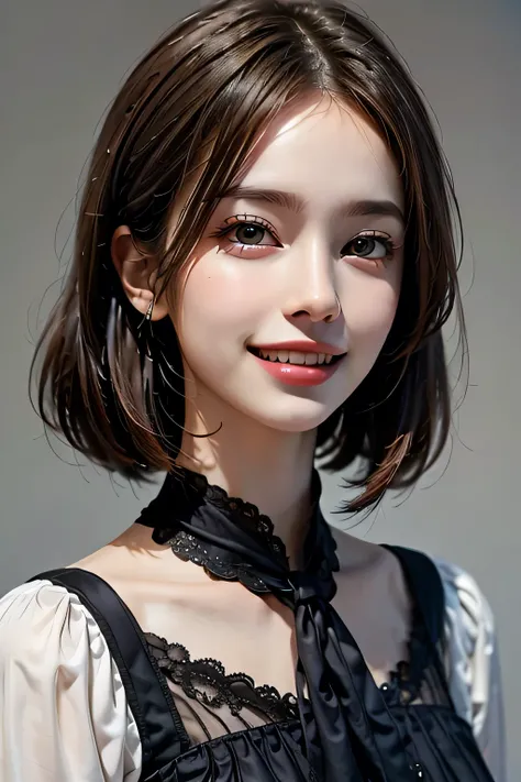 ((masterpiece)), ((Highest quality)), ((Complex)), ((Surreal)), (Realistic), (Mature Woman), ((No classes)), Very detailed, (1 female), Beautiful and exquisite, (Beautiful Teeth), Grin, Brunette bob hair, Brown eyes, ((blouse)), (Upper Body), ((background:...