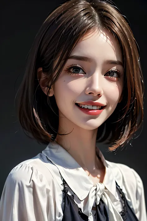((masterpiece)), ((Highest quality)), ((Complex)), ((Surreal)), (Realistic), (Mature Woman), ((No classes)), Very detailed, (1 female), Beautiful and exquisite, (Beautiful Teeth), Grin, Brunette bob hair, Brown eyes, ((blouse)), (Upper Body), ((background:...