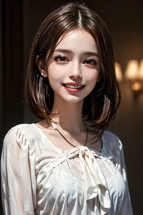 ((masterpiece)), ((Highest quality)), ((Complex)), ((Surreal)), (Realistic), (Mature Woman), ((No classes)), Very detailed, (1 female), Beautiful and exquisite, (Beautiful Teeth), Grin, Brunette bob hair, Brown eyes, ((blouse)), (Upper Body), ((background:...