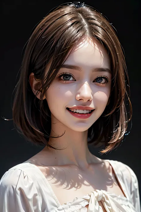 ((masterpiece)), ((Highest quality)), ((Complex)), ((Surreal)), (Realistic), (Mature Woman), ((No classes)), Very detailed, (1 female), Beautiful and exquisite, (Beautiful Teeth), Grin, Brunette bob hair, Brown eyes, ((blouse)), (Upper Body), ((background:...