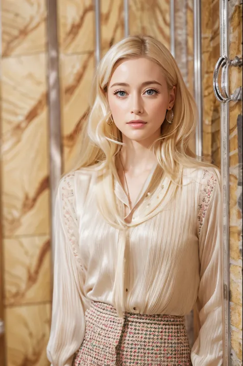 close-up of a woman with long blonde hair wearing a necklace, sleek blond hair, long white hair and bangs, platinum blonde long ...