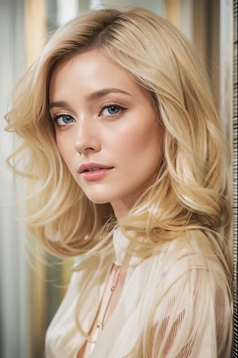 close-up of a woman with long blonde hair wearing a necklace, sleek blond hair, long white hair and bangs, platinum blonde long ...