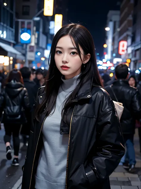 Night Street Corner。In the crowd、A woman wearing a black coat and denim。