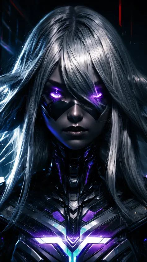 cybernetic dark elf, long platinum hair