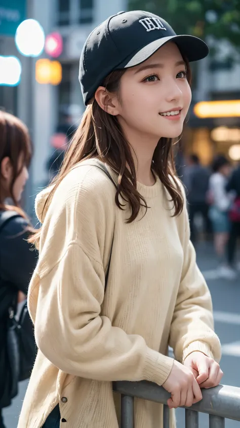 masterpiece, Highest quality, Highest quality, beautiful girl, Cute Face, 8k, Official Art, RAW Photos, When going out in the city during the hot season, please wear cool clothes., profile, Sports Cap, Teen, Face Light, Film Grain, chromatic aberration, Sh...