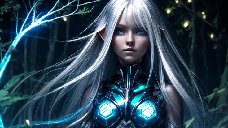 cybernetic elf girl, long platinum hair, light dark garden