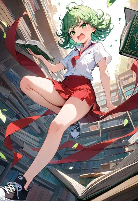 (high res, 8K, masterpiece, looking at viewer, best quality, very aesthetic, ultra detailed, ultra background, ultra Eyes) intricate details, 1girl, Tatsumaki, White short sleeve shirt, Pockets on the left side of the chest, Red short skirt, Red short tie,...