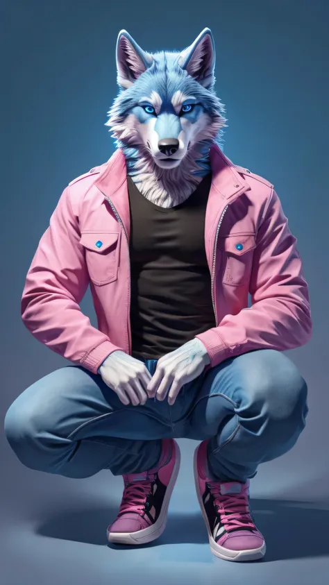 furry male blue wolf crouching with legs spread, blue jeans and pink shirts, black jacket, pink blue gradient background, blue e...