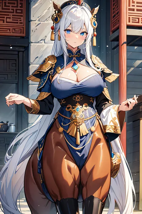 4K,High resolution,One Woman,centaur,White Hair,long hair,Blue Eyes,Brown fur,Big Breasts,Ancient Chinese Generals,Ancient Chinese Blue Armor,Heavy Armor,Full Armor,ancient chinese crown,Jewelry decoration,Gold decoration,Long sword,Medieval village