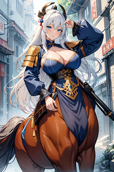 4K,High resolution,One Woman,centaur,White Hair,long hair,Blue Eyes,Brown fur,Big Breasts,Ancient Chinese Generals,Ancient Chinese Blue Armor,Heavy Armor,Full Armor,ancient chinese crown,Jewelry decoration,Long sword,Medieval village